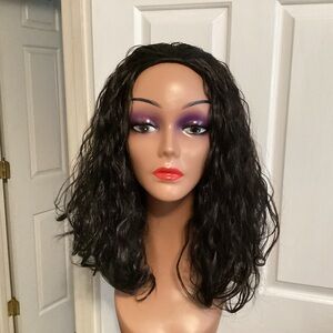 Wig Synthetic Black Wavy Wet Look